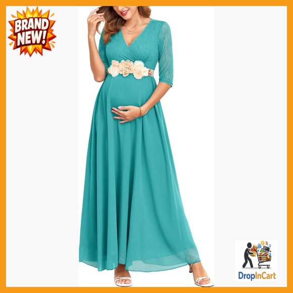 Elegant Maternity Dress Leaf Lace Chiffon V Neck Wrap A Line Flowy Baby Shower
